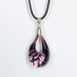 Signed Murano Glass Teardrop Necklace Purple Black